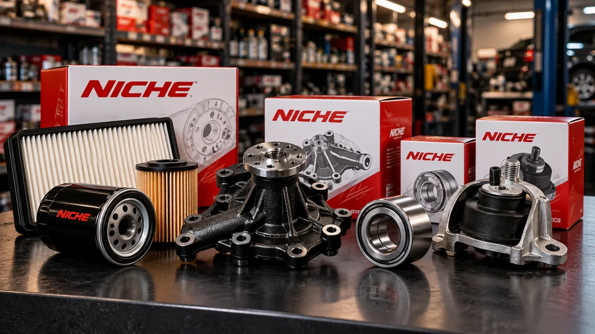 NICHE branded packaging and automotive replacement parts; AI-generated illustration