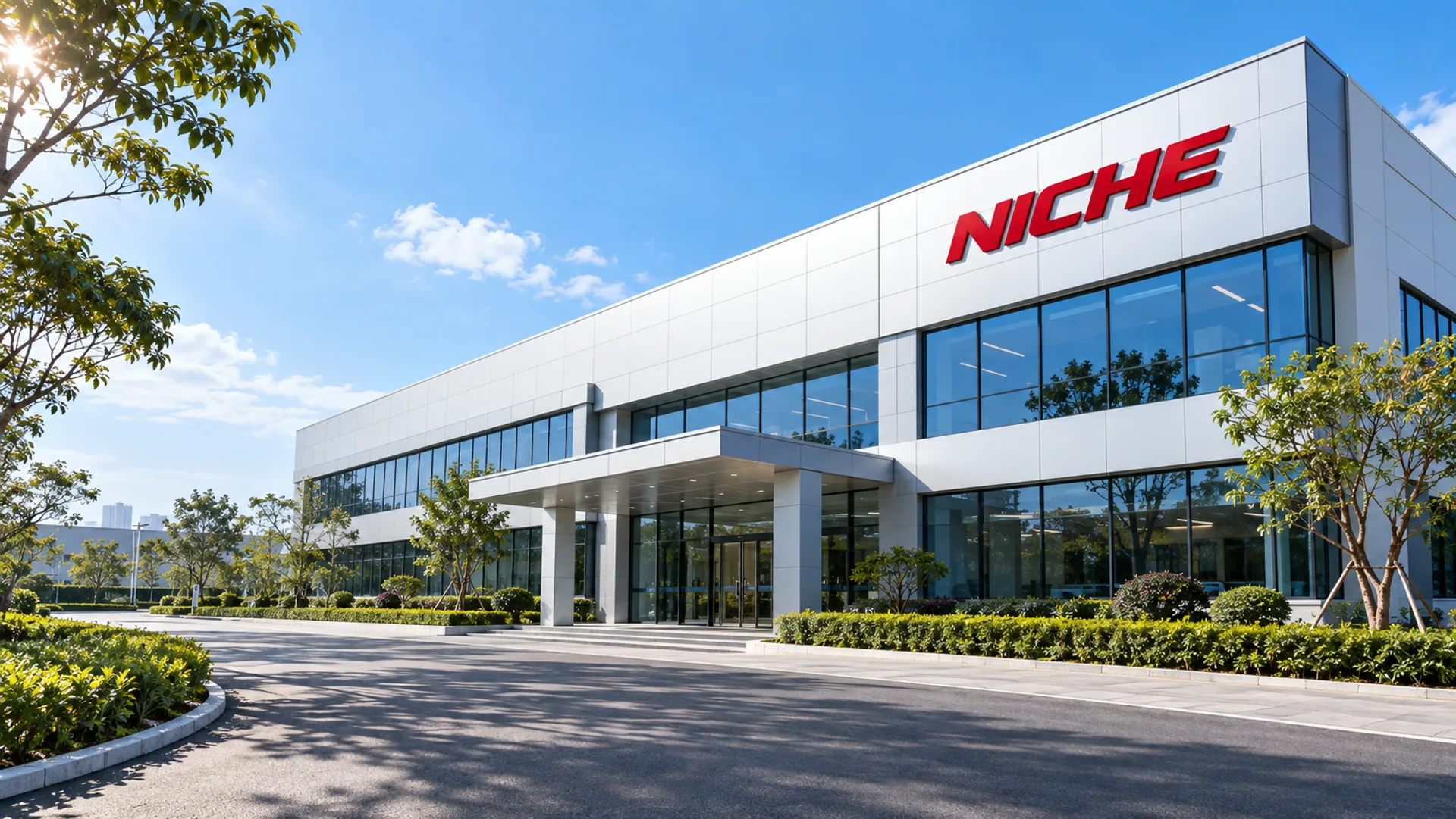 Modern NICHE company building with a white facade and blue windows; AI-generated illustration