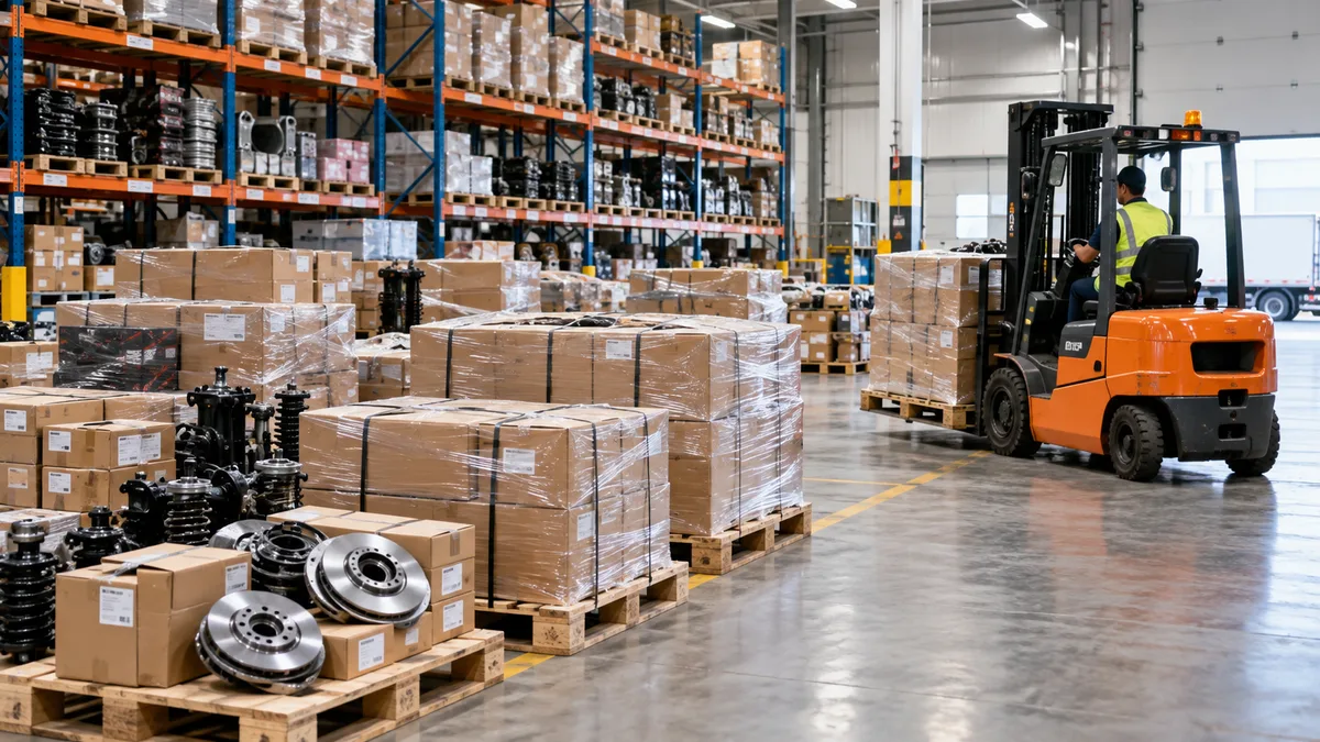 Packed cartons and pallets in a warehouse dispatch area; AI-generated illustration