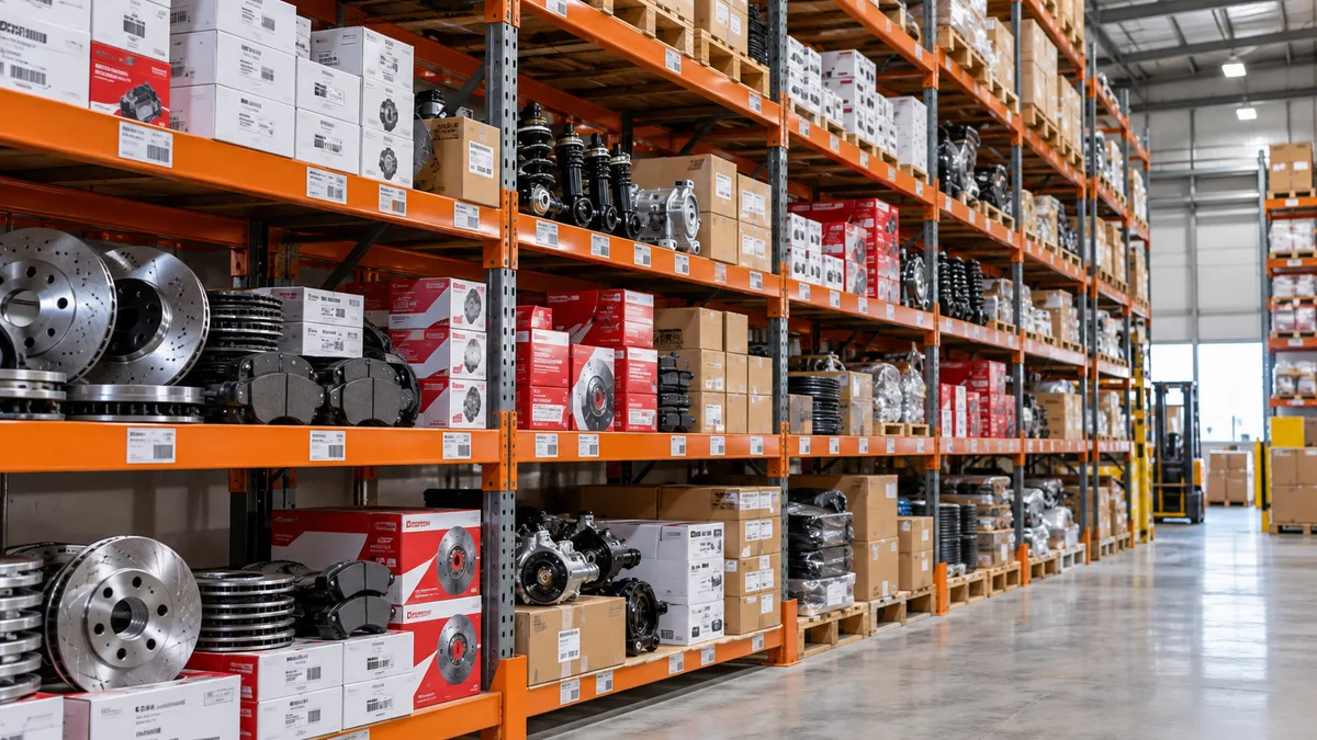 Boxed automotive parts on orange warehouse shelves; AI-generated illustration