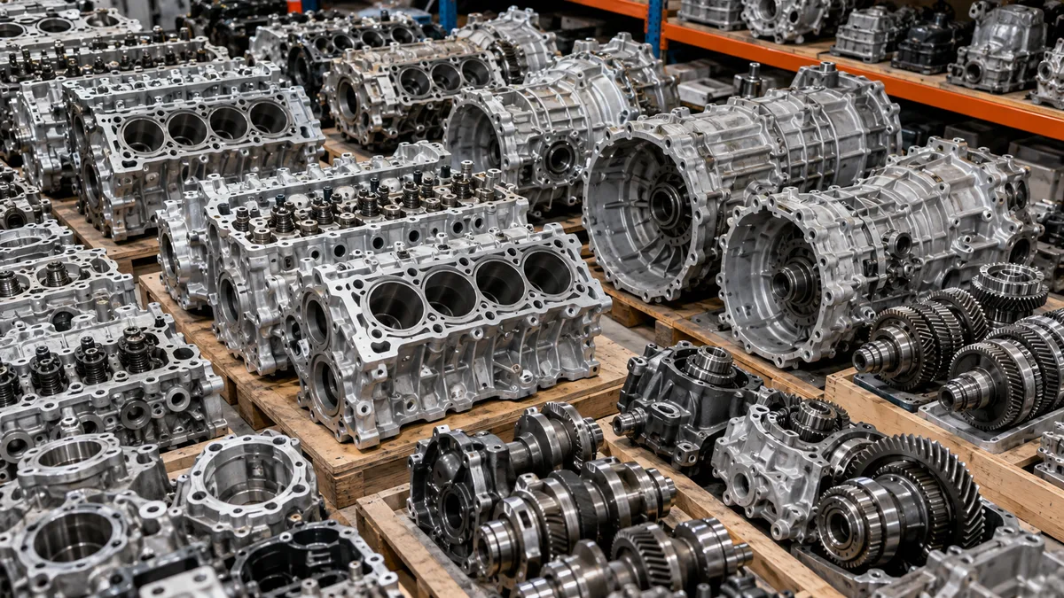 Assorted metal engine and transmission components; AI-generated illustration