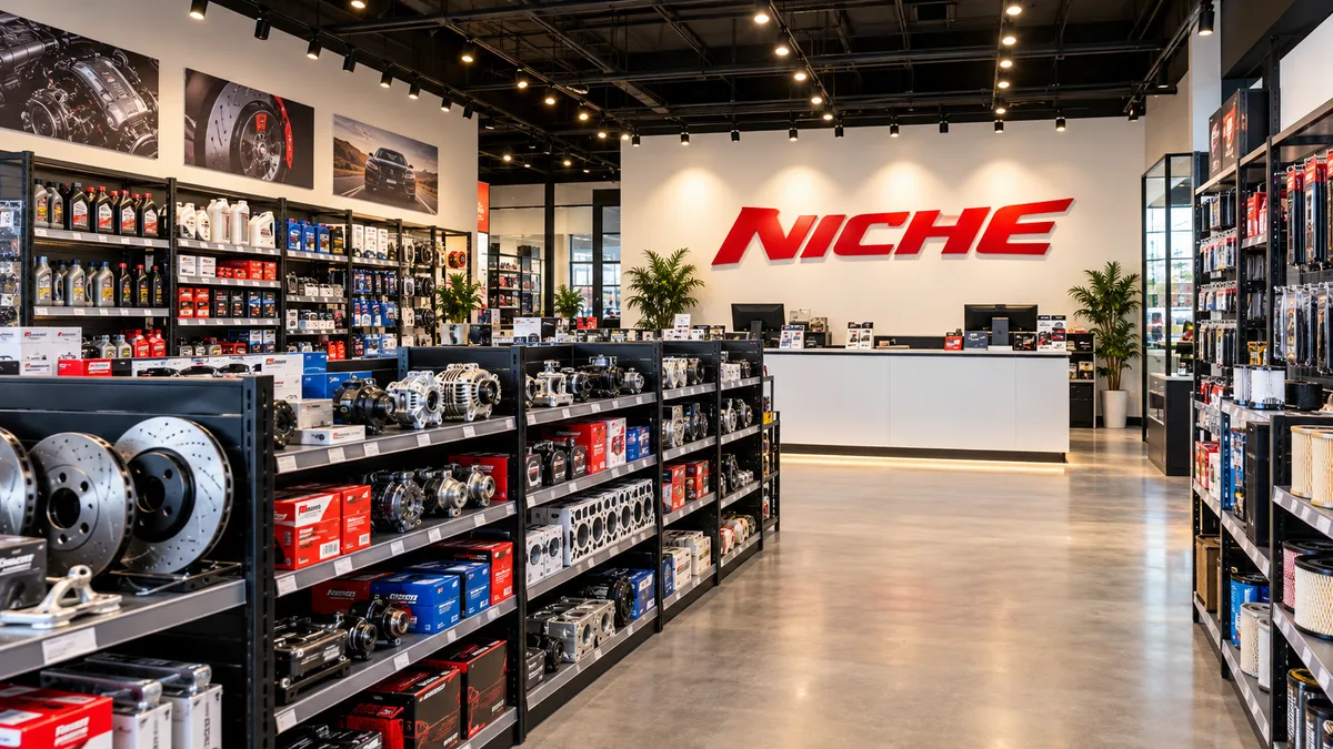 NICHE automotive parts retail store interior; AI-generated illustration