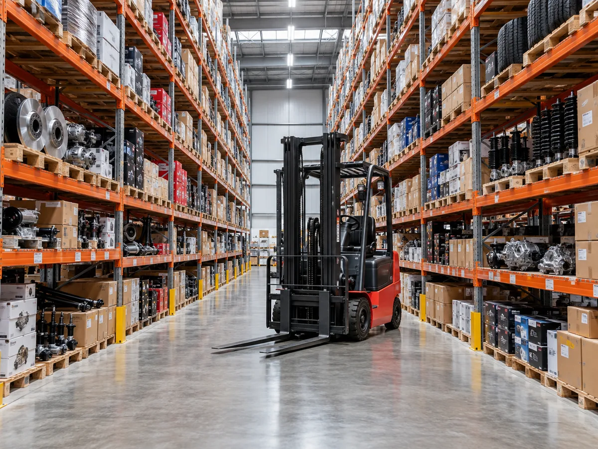Warehouse aisle with organized racks and a red forklift; AI-generated illustration