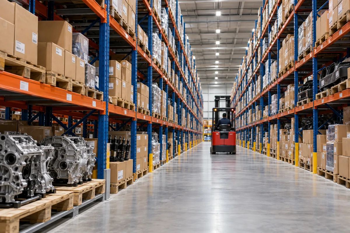 Illustrative automotive parts warehouse with racks, cartons and a forklift; AI-generated image