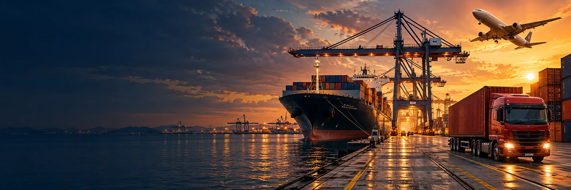 Cargo ship, aircraft and container truck at a sunset port